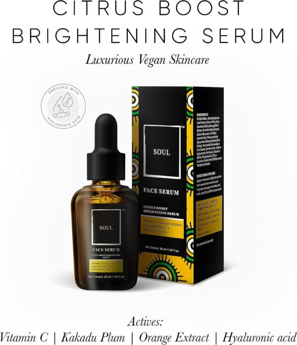 Citrus Boost Brightening Vegan Serum. Actives : Vitamin C, Kakadu Plum, Gensing Extract, Hyalronic Acid. FDA Approved