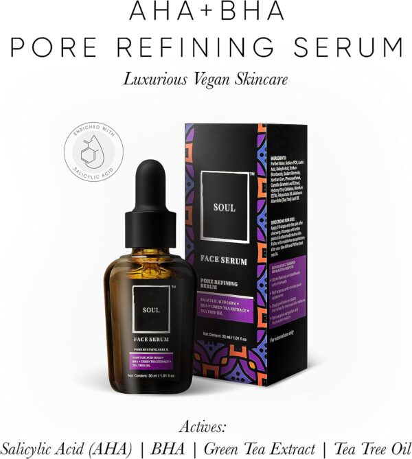 Pore Refining Vegan Face Serum. Actives : Salicylic Acid (AHA), BHA, Green Tea Extract, Tea Tree Oil. FDA Approved