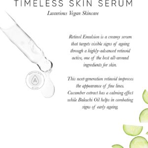 Timeless Skin Vegan Face Serum. Actives : Vitamin E, Cucumber Extract, Retinol, Bakuchi Oil. FDA Approved